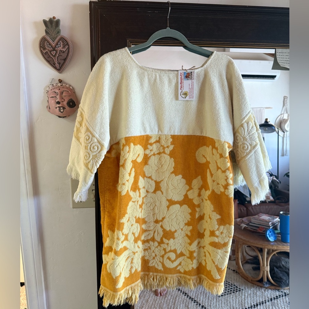 Boho Beach coverup-Gold Floral Mini Dress made from vintage towels